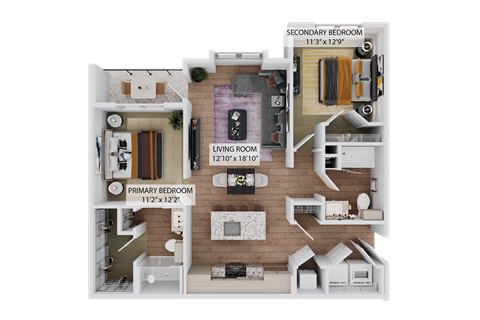 Floor plan for 2 beds, 2 baths, 1075 sqft